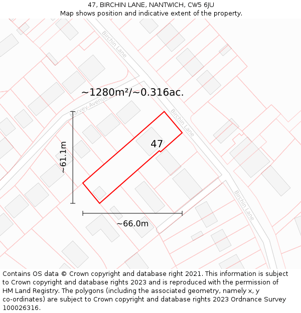 47, BIRCHIN LANE, NANTWICH, CW5 6JU: Plot and title map