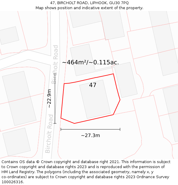 47, BIRCHOLT ROAD, LIPHOOK, GU30 7PQ: Plot and title map