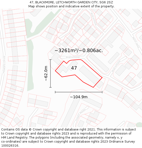 47, BLACKMORE, LETCHWORTH GARDEN CITY, SG6 2SZ: Plot and title map