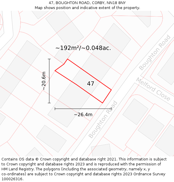 47, BOUGHTON ROAD, CORBY, NN18 8NY: Plot and title map