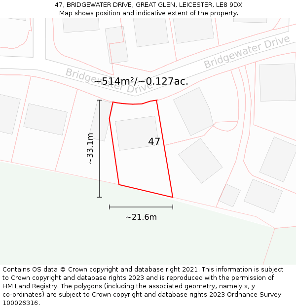 47, BRIDGEWATER DRIVE, GREAT GLEN, LEICESTER, LE8 9DX: Plot and title map