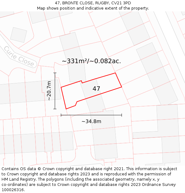 47, BRONTE CLOSE, RUGBY, CV21 3PD: Plot and title map