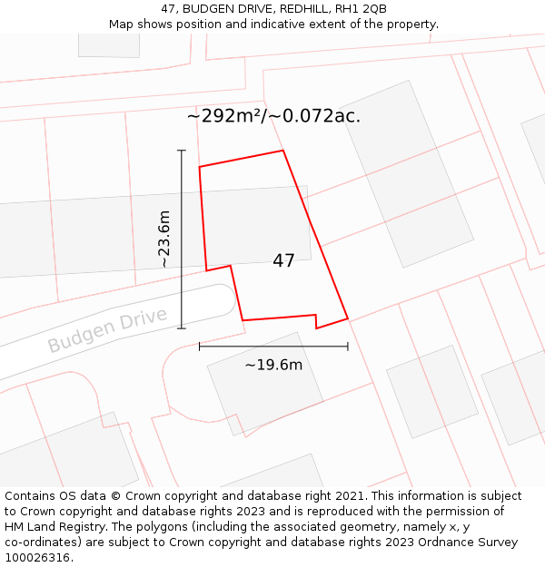 47, BUDGEN DRIVE, REDHILL, RH1 2QB: Plot and title map