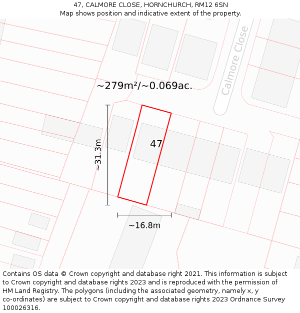 47, CALMORE CLOSE, HORNCHURCH, RM12 6SN: Plot and title map