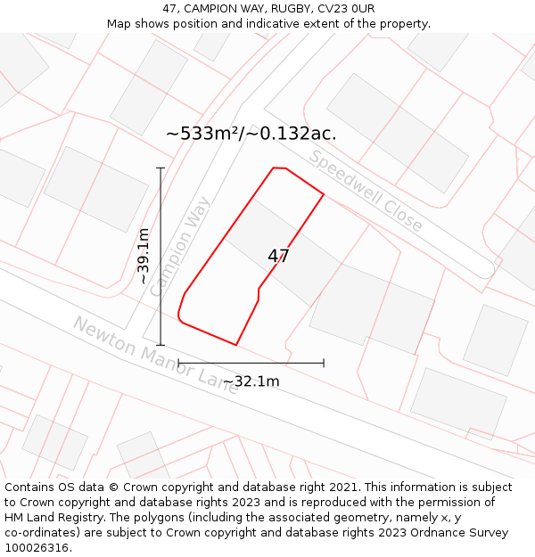 47, CAMPION WAY, RUGBY, CV23 0UR: Plot and title map