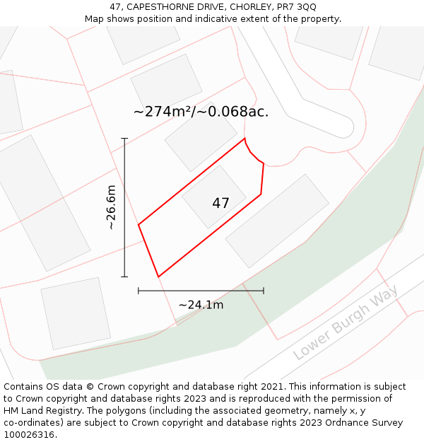 47, CAPESTHORNE DRIVE, CHORLEY, PR7 3QQ: Plot and title map