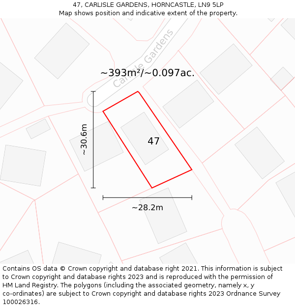 47, CARLISLE GARDENS, HORNCASTLE, LN9 5LP: Plot and title map