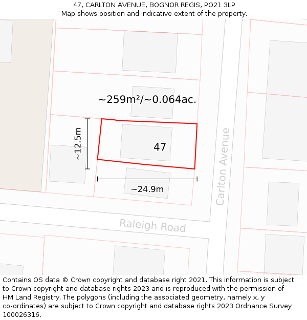 47, CARLTON AVENUE, BOGNOR REGIS, PO21 3LP: Plot and title map