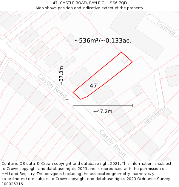 47, CASTLE ROAD, RAYLEIGH, SS6 7QD: Plot and title map