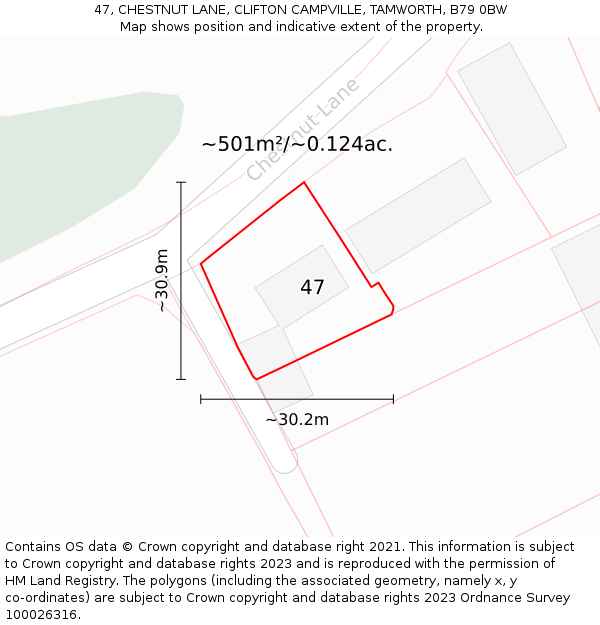 47, CHESTNUT LANE, CLIFTON CAMPVILLE, TAMWORTH, B79 0BW: Plot and title map