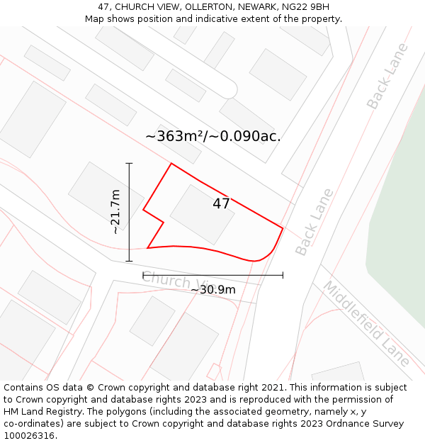 47, CHURCH VIEW, OLLERTON, NEWARK, NG22 9BH: Plot and title map