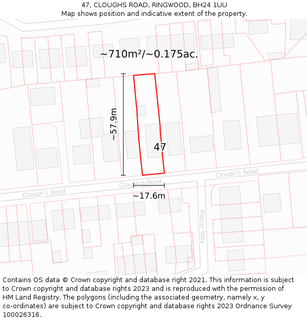 47, CLOUGHS ROAD, RINGWOOD, BH24 1UU: Plot and title map