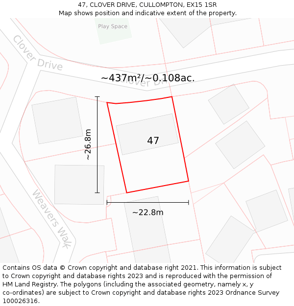 47, CLOVER DRIVE, CULLOMPTON, EX15 1SR: Plot and title map