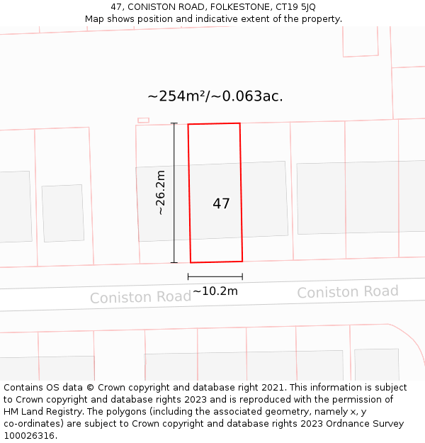 47, CONISTON ROAD, FOLKESTONE, CT19 5JQ: Plot and title map