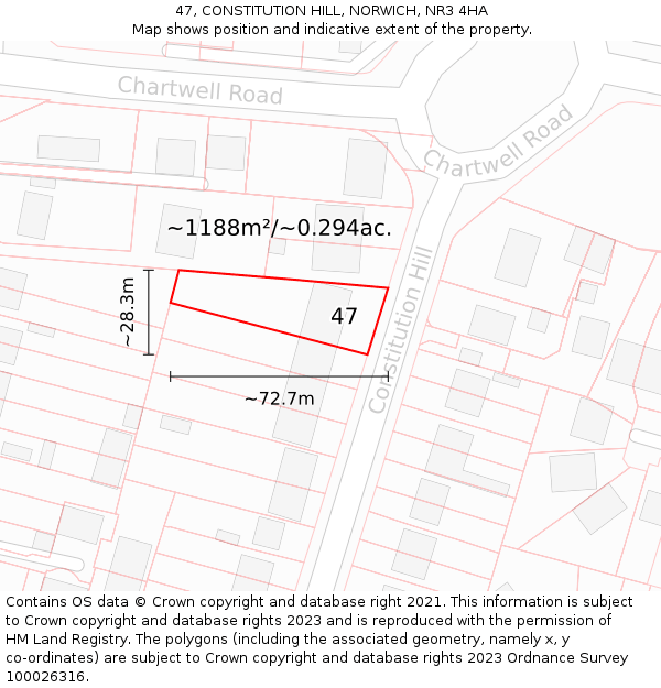 47, CONSTITUTION HILL, NORWICH, NR3 4HA: Plot and title map