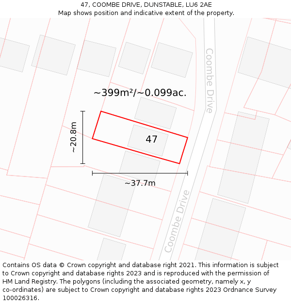 47, COOMBE DRIVE, DUNSTABLE, LU6 2AE: Plot and title map