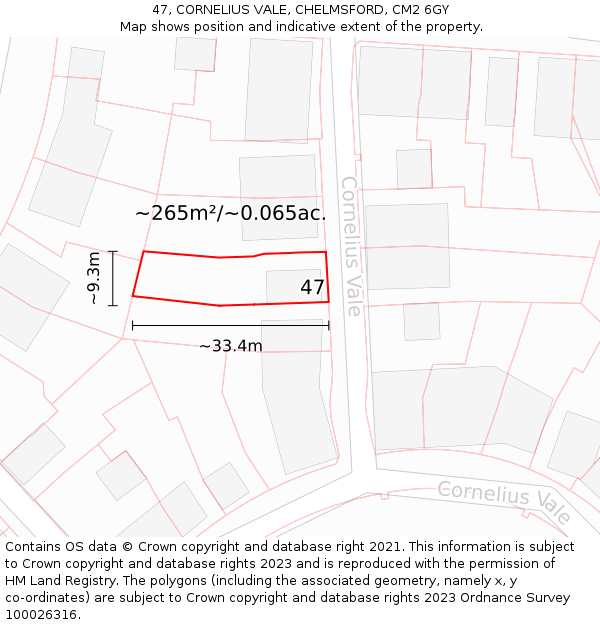 47, CORNELIUS VALE, CHELMSFORD, CM2 6GY: Plot and title map