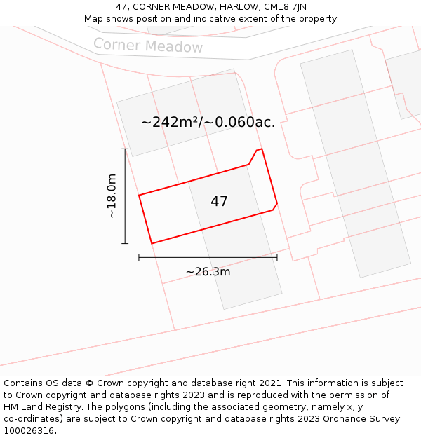47, CORNER MEADOW, HARLOW, CM18 7JN: Plot and title map
