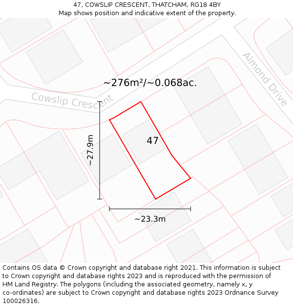 47, COWSLIP CRESCENT, THATCHAM, RG18 4BY: Plot and title map