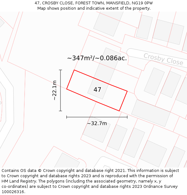 47, CROSBY CLOSE, FOREST TOWN, MANSFIELD, NG19 0PW: Plot and title map