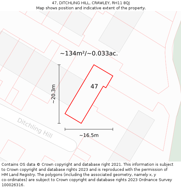 47, DITCHLING HILL, CRAWLEY, RH11 8QJ: Plot and title map