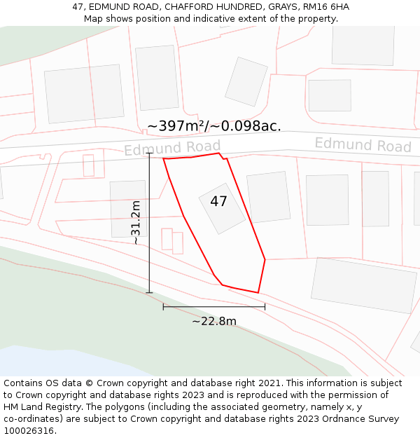 47, EDMUND ROAD, CHAFFORD HUNDRED, GRAYS, RM16 6HA: Plot and title map