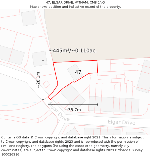 47, ELGAR DRIVE, WITHAM, CM8 1NG: Plot and title map