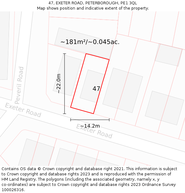 47, EXETER ROAD, PETERBOROUGH, PE1 3QL: Plot and title map