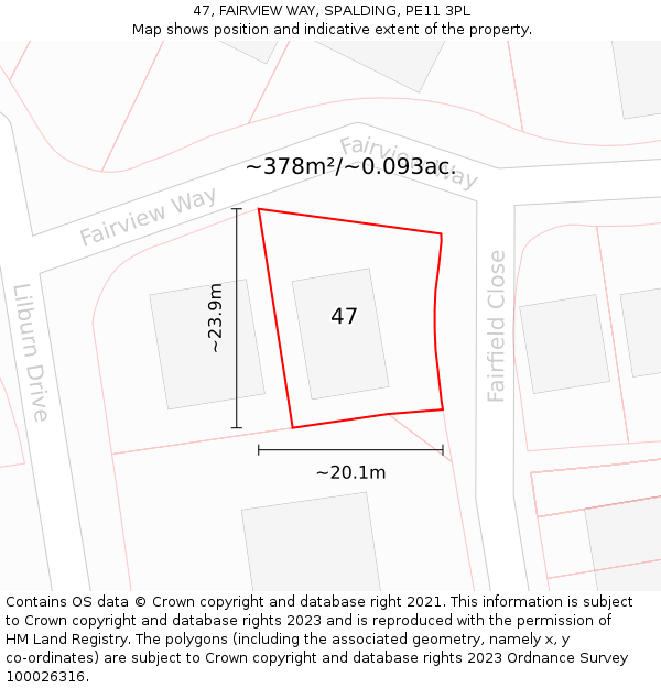 47, FAIRVIEW WAY, SPALDING, PE11 3PL: Plot and title map