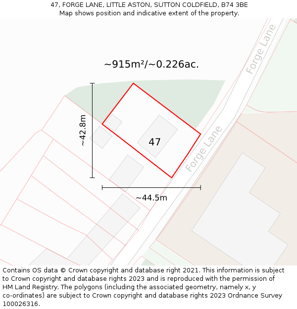 47, FORGE LANE, LITTLE ASTON, SUTTON COLDFIELD, B74 3BE: Plot and title map