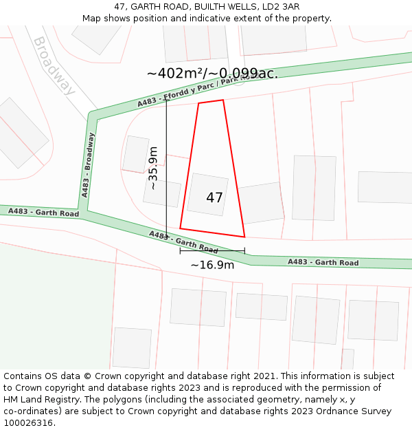 47, GARTH ROAD, BUILTH WELLS, LD2 3AR: Plot and title map