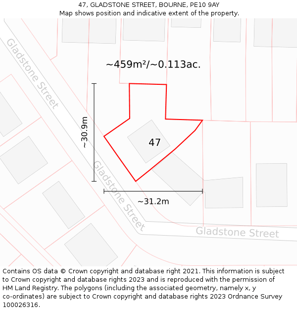 47, GLADSTONE STREET, BOURNE, PE10 9AY: Plot and title map