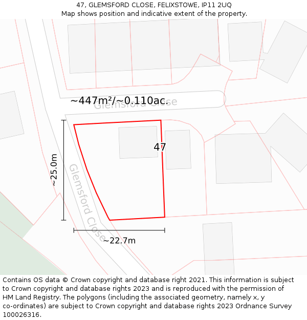 47, GLEMSFORD CLOSE, FELIXSTOWE, IP11 2UQ: Plot and title map