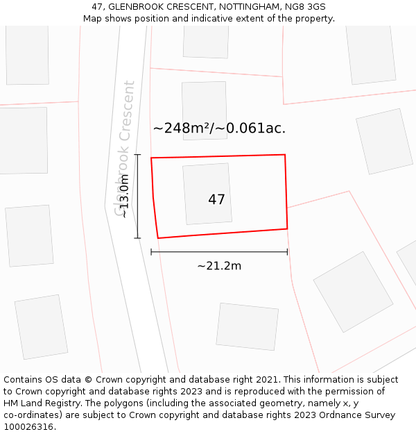 47, GLENBROOK CRESCENT, NOTTINGHAM, NG8 3GS: Plot and title map