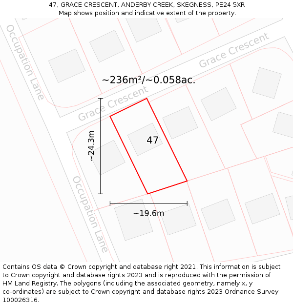 47, GRACE CRESCENT, ANDERBY CREEK, SKEGNESS, PE24 5XR: Plot and title map