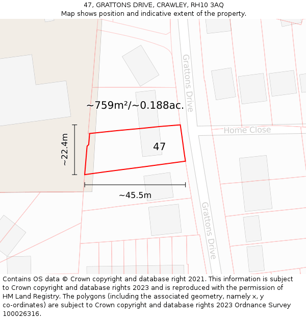 47, GRATTONS DRIVE, CRAWLEY, RH10 3AQ: Plot and title map