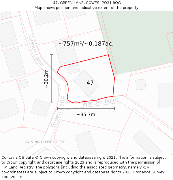 47, GREEN LANE, COWES, PO31 8QG: Plot and title map