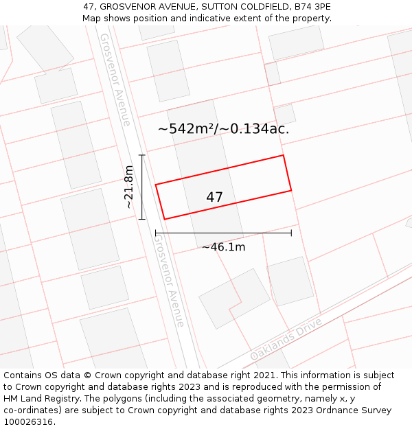 47, GROSVENOR AVENUE, SUTTON COLDFIELD, B74 3PE: Plot and title map