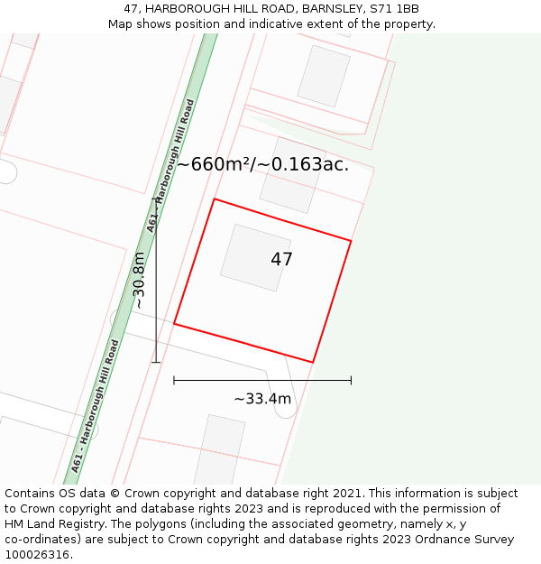 47, HARBOROUGH HILL ROAD, BARNSLEY, S71 1BB: Plot and title map