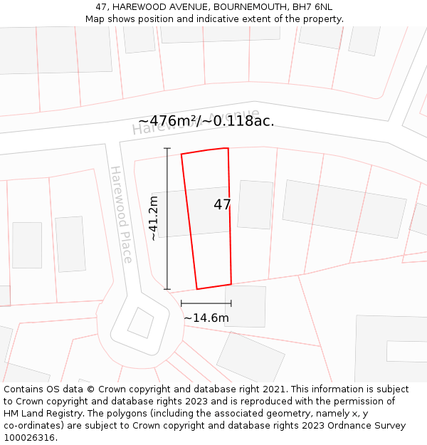 47, HAREWOOD AVENUE, BOURNEMOUTH, BH7 6NL: Plot and title map