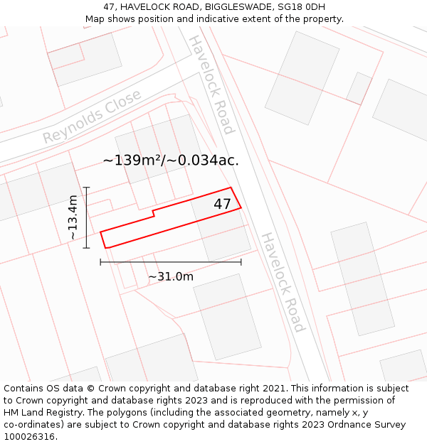 47, HAVELOCK ROAD, BIGGLESWADE, SG18 0DH: Plot and title map