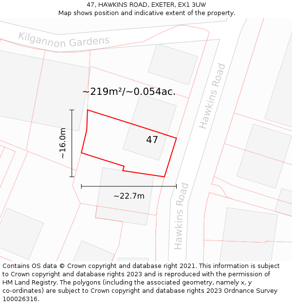 47, HAWKINS ROAD, EXETER, EX1 3UW: Plot and title map