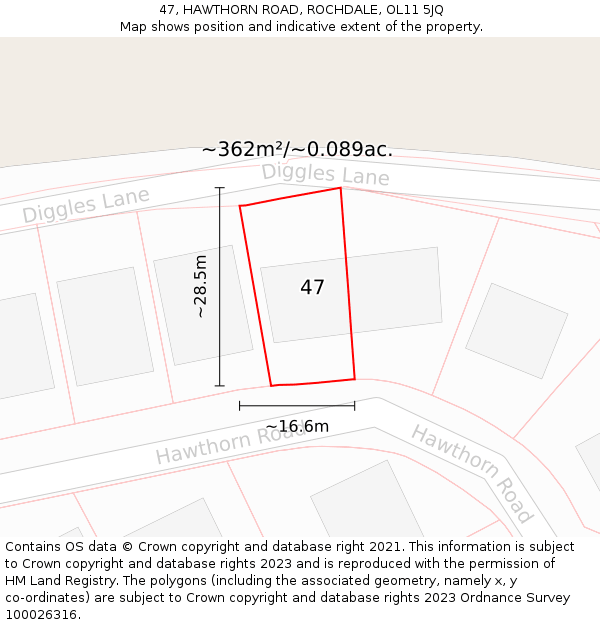 47, HAWTHORN ROAD, ROCHDALE, OL11 5JQ: Plot and title map