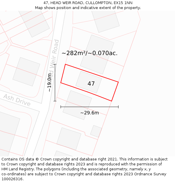 47, HEAD WEIR ROAD, CULLOMPTON, EX15 1NN: Plot and title map