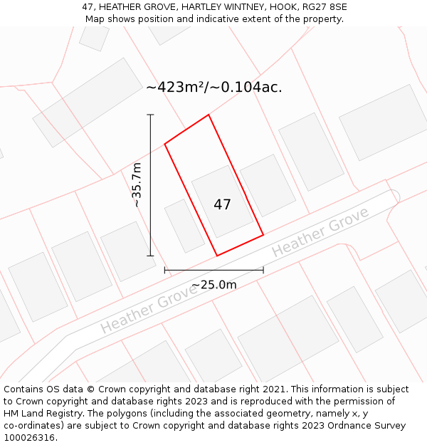 47, HEATHER GROVE, HARTLEY WINTNEY, HOOK, RG27 8SE: Plot and title map