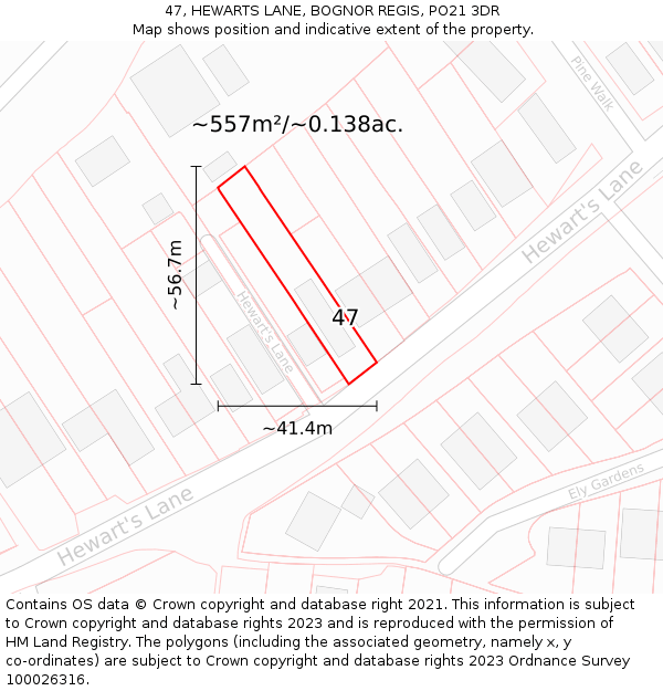 47, HEWARTS LANE, BOGNOR REGIS, PO21 3DR: Plot and title map