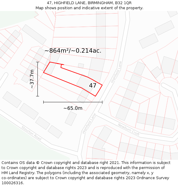 47, HIGHFIELD LANE, BIRMINGHAM, B32 1QR: Plot and title map