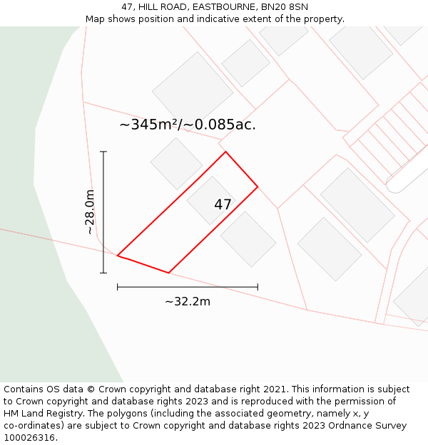 47, HILL ROAD, EASTBOURNE, BN20 8SN: Plot and title map