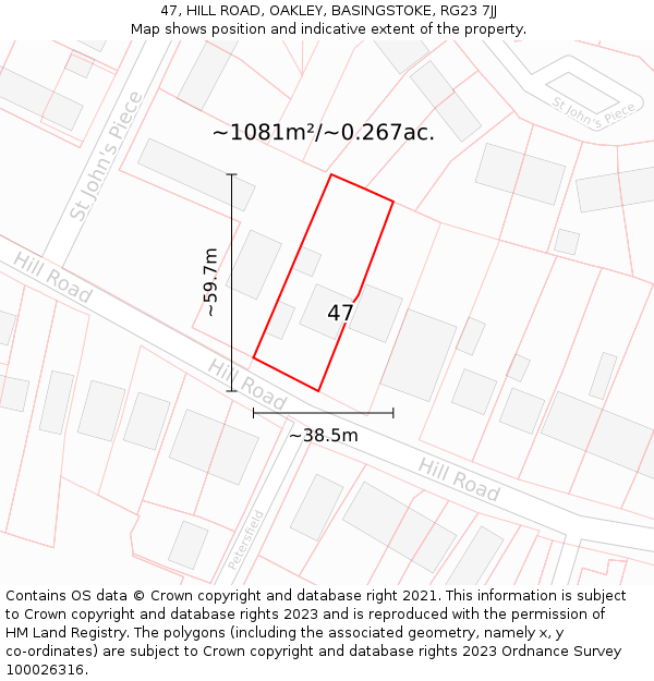 47, HILL ROAD, OAKLEY, BASINGSTOKE, RG23 7JJ: Plot and title map