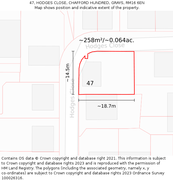 47, HODGES CLOSE, CHAFFORD HUNDRED, GRAYS, RM16 6EN: Plot and title map